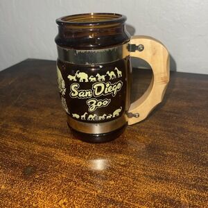 VTG San Diego Zoo Amber Glass Mug Wood Handle Barrel Gold Accents